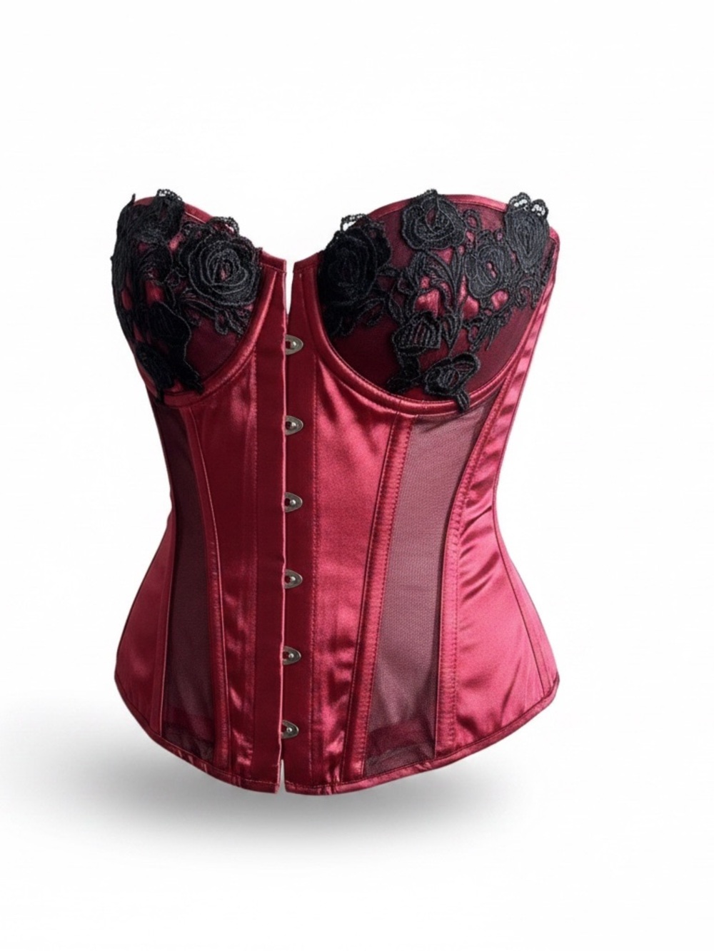 Satin Lace Embroidered Bustier Corset in Burgundy and Black
